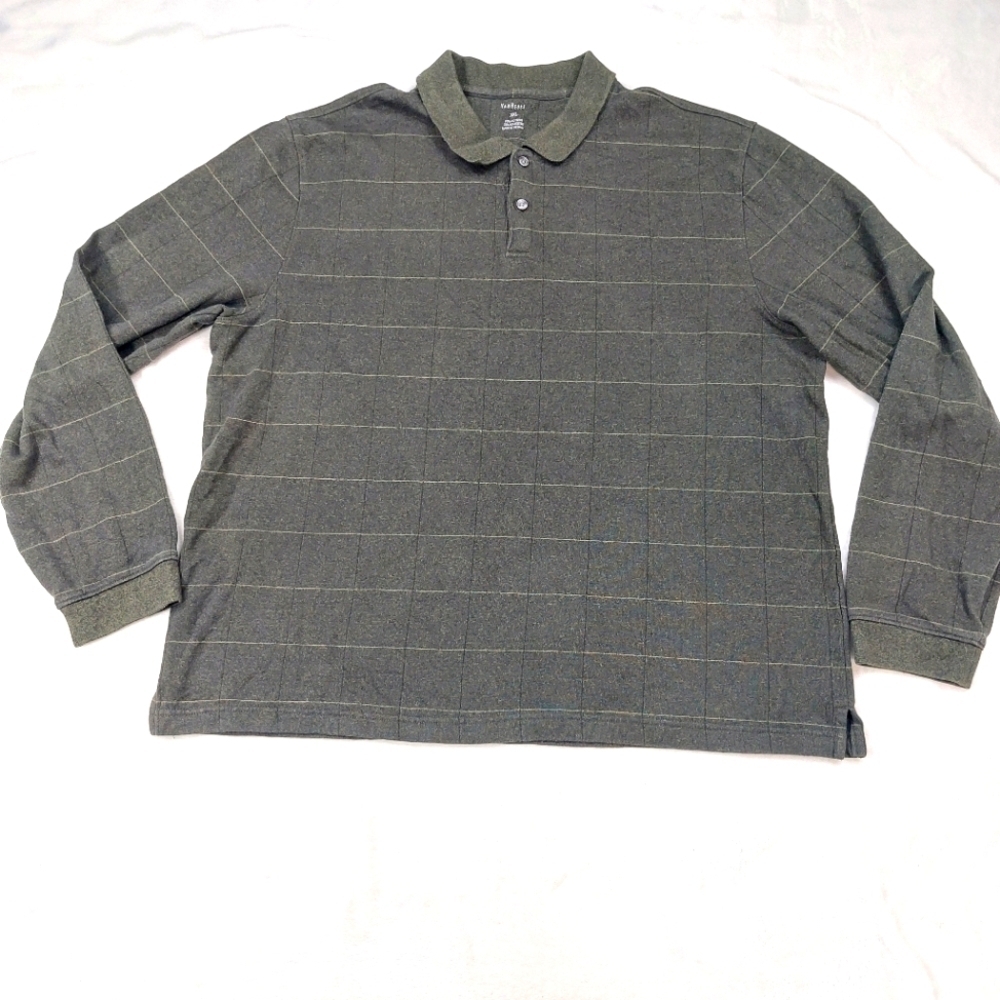 VAN HEUSEN MEN'S GRAY AND BROWN WINDOW PANE PLAID KNIT LONG SLEEVE POLO SIZE XXL